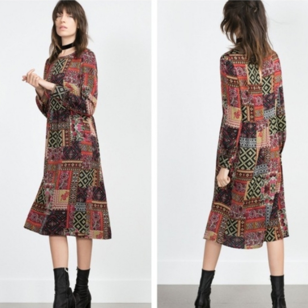 ZARA WOMAN Patchwork Long Sleeve Midi Dres…